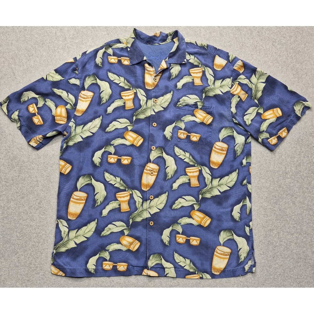 Tommy Bahama Shirt Mens XLT Blue Silk Tropical Drum Sunglasses Camp Hawaiian